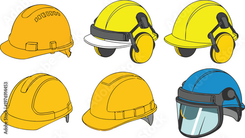 PrintCollection of industrial safety helmet illustrations featuring yellow hard hats with earmuffs, orange construction headgear, and blue protective helmet with face shield for worker security.