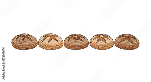 Five artisanal round sourdough loaves with intricate cross-scored tops are arranged in a perfect horizontal line against a pristine neutral white backdrop.