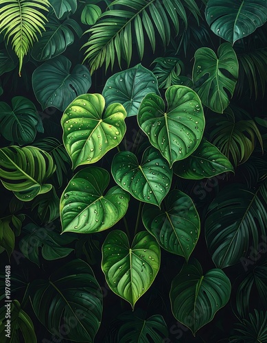 Lush, vibrant image filled with various shades of green leaves; detailed textures showcase water droplets on the plant surfaces