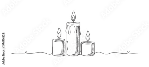 Three lit candles with dripping wax in a simple line style flame light