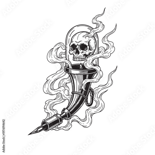 Skull with Smoke and Tattoo Needle Engraving Vector, Dark Artistic Ink Concept Illustration Design