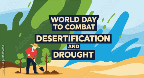 Quadro su tela Farmer planting trees in arid desert landscape for World Day to Combat Desertification and Drought with vibrant blue and green waves for environment conservation awareness campaign