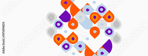 Abstract geometric shapes, purple, orange, light blue. Overlapping forms create dynamic composition. Minimalist design, modern aesthetic.