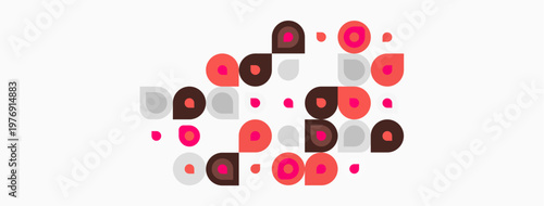 Abstract pattern. Pink, brown circles, squares scattered across white background. Minimalist design, simple shapes present.