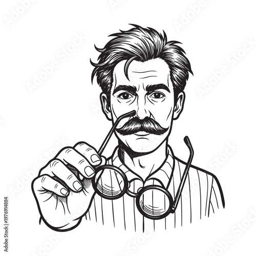 Victorian Gentleman with Mustache Holding Monocle Engraving Vector, Retro Dandy Male Portrait Illustration