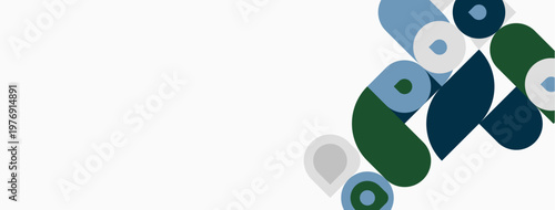 Abstract shapes, circles, rectangles overlap. Colors include blue, green, gray. Minimalist design, clean aesthetic, modern composition.