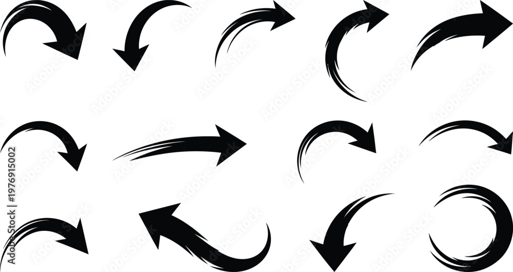 Fototapeta premium Collection of various black curved and circular arrows on white background