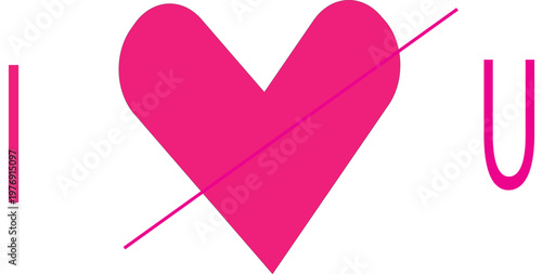 Minimalist pink heart with strikethrough line, I Love U text message icon, breakup and divorce concept vector, anti-valentine day graphic