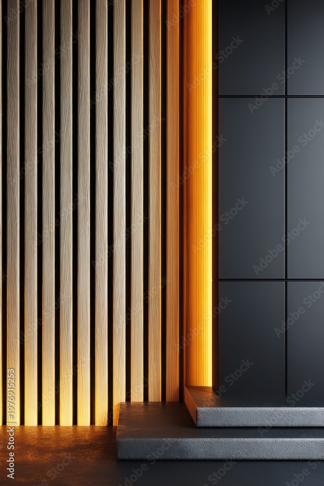 Fototapeta premium Modern interior design with warm wood slats and dramatic lighting on dark panels