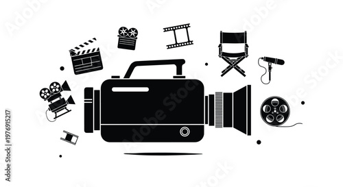 A bold black silhouette collection of essential cinema gear floats around a central video camera against a stark white background with sharp outlines.
