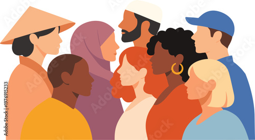 Diverse group of people from different cultures representing global diversity and inclusion flat vector illustration.