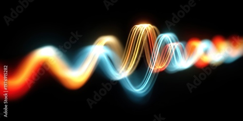 Abstract glowing wavy lines of light in red, orange, and blue on a black background