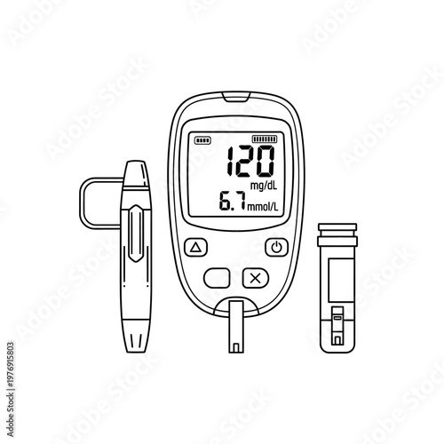 Medical illustration of a blood glucose meter, lancet, and test strip for diabetes.