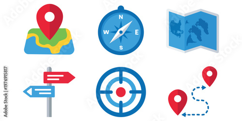 Navigational Tools Icon Set: A vibrant collection of navigational icons, featuring a map with location pin, a compass, a map, directional signs, a target, and a route marker, perfect for travel.