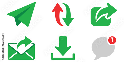 Web Communication Icons: A set of modern, minimalist web communication icons designed to seamlessly integrate into any digital interface. Icons including a paper airplane, a refresh symbol.