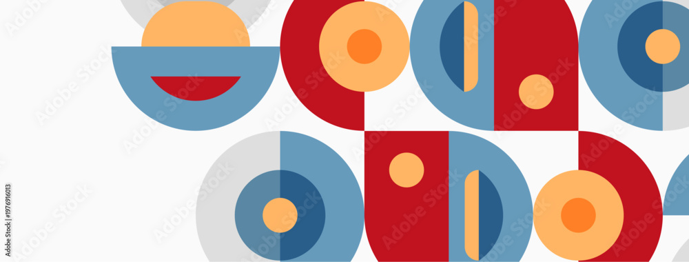 Obraz premium Abstract geometric shapes, circles, semicircles, vibrant colors. Minimalist design, modern aesthetic, repeating pattern, flat illustration.