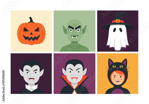 Flat Halloween Character Avatars and Icons Set Featuring Vampire, Pumpkin, Ghost, Goblin, and Cat Costume