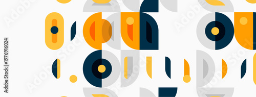 Abstract geometric pattern. Circles, rectangles overlap creating modern design. Warm, cool colors dominate composition. Minimalist aesthetic.