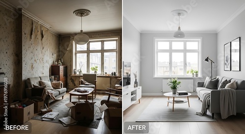 Renovation before and after interior of living room comparison visual