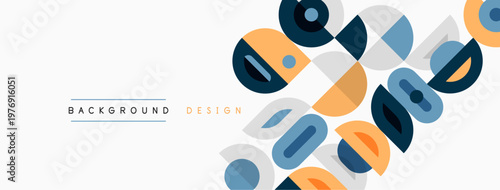 Abstract geometric shapes overlap, creating dynamic background. Soft colors, beige, blue, orange dominate composition. Minimalist design.