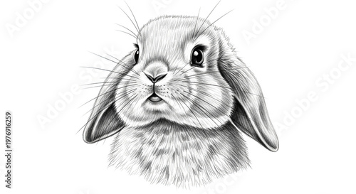 Detailed pencil sketch portrait of a cute lop eared rabbit with soft fur and expressive eyes.