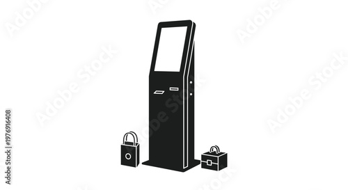 A sleek black silhouette of a self-service kiosk stands between a small shopping bag and a briefcase on a clean light gray studio background for business.