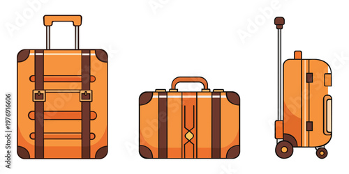 Journey Companions: Three stylish suitcases in warm hues stand ready for exploration, each embodying the spirit of wanderlust and travel, packed with anticipation for new adventures.