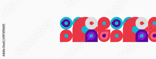 Colorful abstract shapes arranged horizontally. Circles, rectangles, varying hues create playful pattern. Minimalist design, simple geometry.