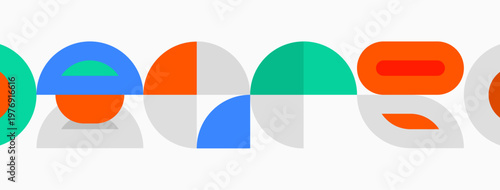 Abstract geometric shapes form colorful pattern. Circles, semicircles, triangles create playful design. Light background enhances vibrant hues.