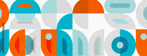 Abstract geometric pattern. Overlapping circles, rectangles create modern design. Orange, blue, gray colors dominate composition.
