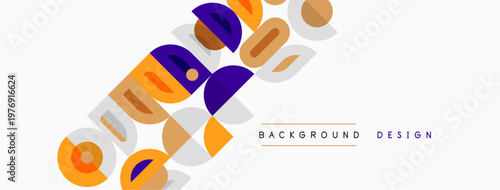 Abstract geometric shapes overlap, creating vibrant design. Orange, purple, yellow dominate neutral backdrop. Text reads background design.