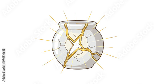 A white ceramic pot featuring visible cracks repaired with gold radiates a glowing light from within to highlight restoration against a clean light background.