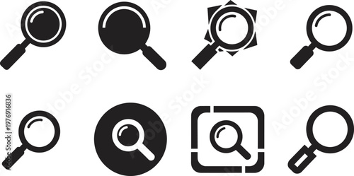 Collection of black magnifying glass icons diverse shapes for investigation and search
