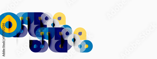 Abstract graphic design features overlapping circles, squares, varied hues. Composition evokes modern art, playful energy.