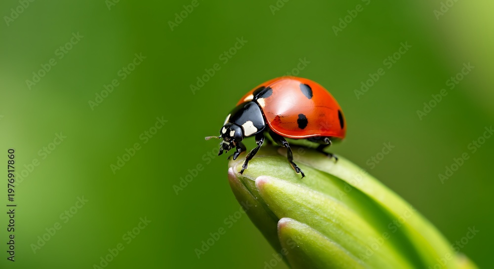 Fototapeta premium Closeup of a ladybug on a green sprout vibrant red and green contrast spring ecology macro photography
