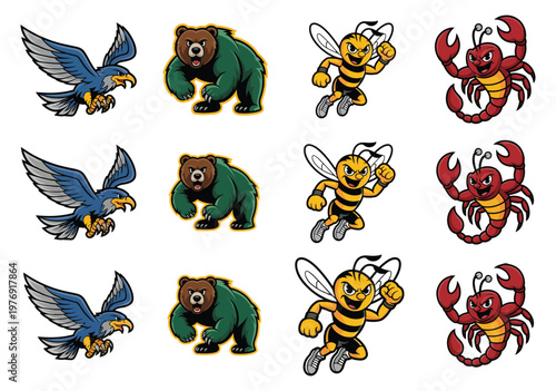 Esports Animal Mascot Logo Set with Bear Eagle Falcon Scorpion and Hornet Vector Collection
