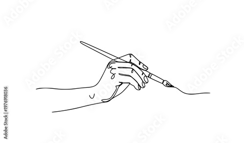 Artistic continuous line hand holding brush vector single stroke sketch creative artist concept illustration