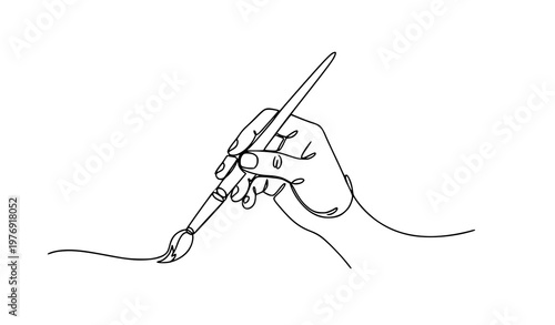 Single line hand with paintbrush vector continuous line art creative process artist work concept illustration