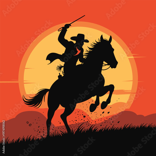 Cowboy Riding Horse Sunset Desert Landscape Western Style Vector Illustration