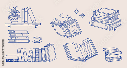 book stack coffee doodles, aesthetic study time sketches, hand drawn library line art, creative reading element drawings, scrapbook education art set, cozy book nook sketches, student life doodle icon