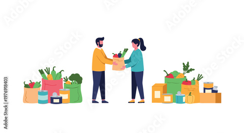 Two individuals exchange a paper bag filled with fresh vegetables and canned goods in a bright, minimalist setting with a clean, soft color palette.