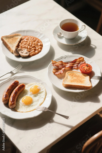 Classic English Breakfast with Tea on Marble Table