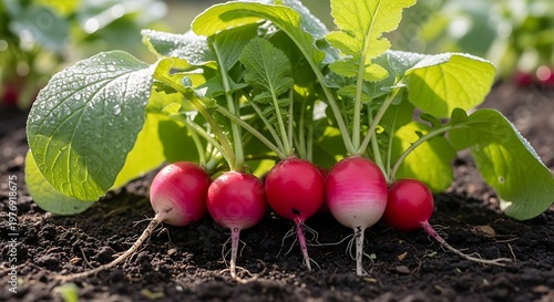 Fresh radish plants in garden.