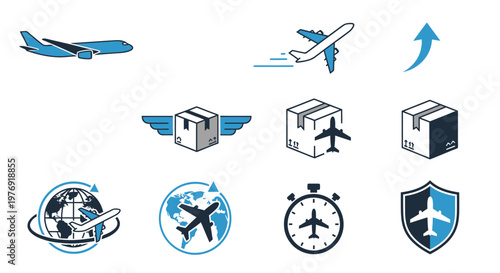 Airplane Cargo Shipping Delivery Icons.