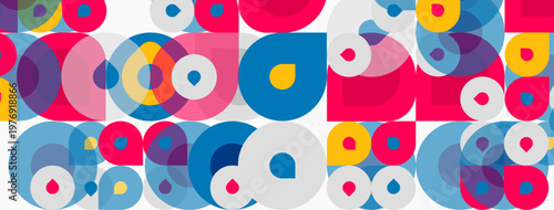 Abstract pattern features overlapping colorful circles. Vibrant hues create dynamic visual texture. Modern design element.