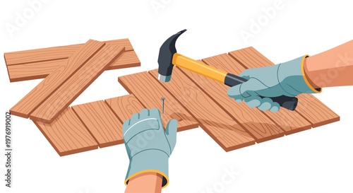 Hands wearing protective gloves use a hammer to drive a nail into wooden planks arranged on a flat surface in a clean, professional workshop environment.