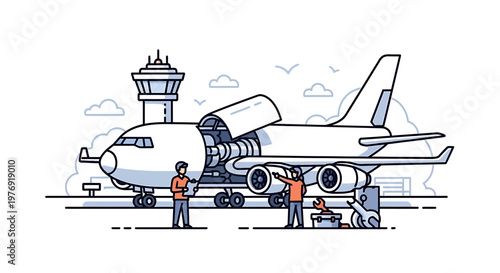 Airplane on the ground with workers.