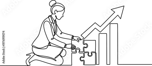 Businesswoman Assembling Growth Chart Puzzle Continuous One Line Drawing