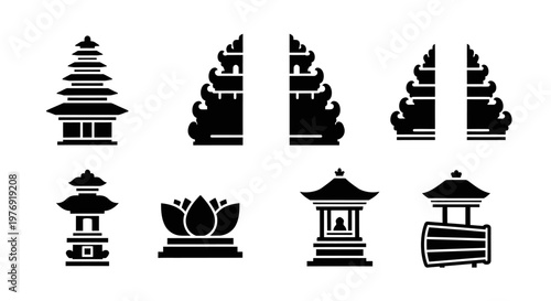 Black Pagoda Temple Icons Set.