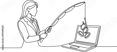 Female Freelancer Catching Online Profit Continuous One Line Drawing